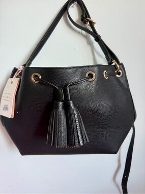 Poppy & Peonies Black Drawstring Tassel Shoulder Bag